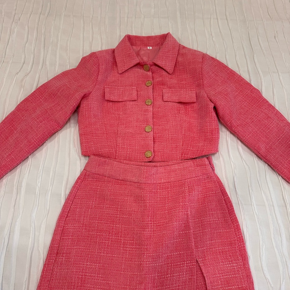 Pink Tweed Cropped Jacket & Matching skort/Skirt Set